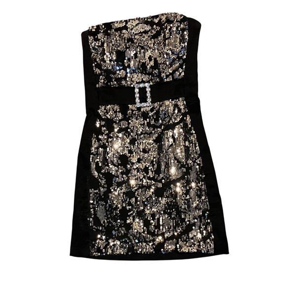Cache Sequin Strapless Mini Dress US 4 Black Silver Bodycon Cocktail Party Y2K - Picture 9 of 9